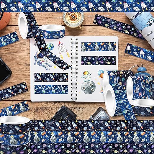 12 Pcs Space Planet Washi Tape Space Planet Masking Tape Decorations Astronaut Starry Sky Decorative Paper Sticker for Galaxy Journals, Planners, DIY Craft Gift Wrapping Handbook Stickers