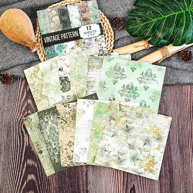 Vintage Green Scrapbook Paper - 12 Sheets Single-Sided Decorative Craft Paper for DIY Journals, Card Making, Collage, Mixed Media, Scrapbooking Supplies - 6x6 Inch