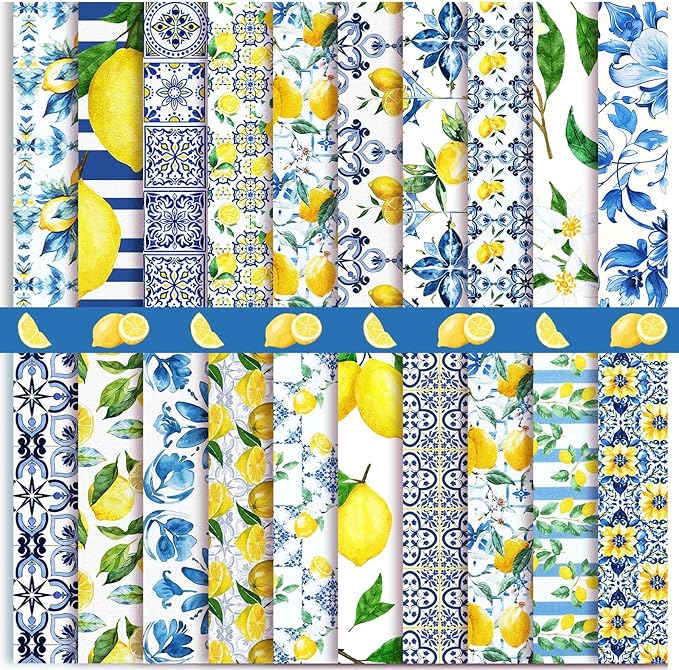 HunnmingRe 20 Pcs 10''x10'' Lemon Quilting Fabric Square Chinoiserie Quiltted Fabric Bundle Blue White Yellow Floral Precuts Printed Patchwork Supplies for Holiday DIY Sewing Craft