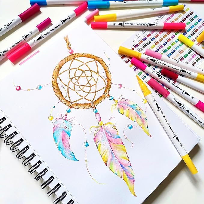 Ohuhu Markers for Adult Coloring Books No Bleeding 100 Colors Water-based Dual Tips Fineliner & Brush Coloring Markers for Kids Adults Beginners Drawing Pens for Journaling Lettering - Maui - White