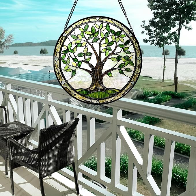 Stained Glass Window Hanging - Brown Tree Trunk Green Leaves Sun Catcher for Door Garden Home Decor Plant Suncatcher Christmas Mother's Day Birthday Gifts for Women Men Mom Nana 6.3 in
