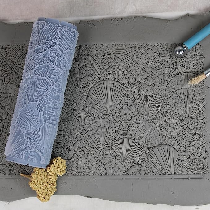 Conch Chorus Clay Texture Roller (4") - Seamless Ocean Set #01 - Embossing Pattern Roller for Polymer & Ceramic Clay, Pottery & Crafts