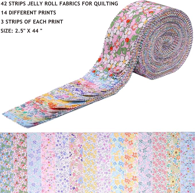 Jelly Roll Fabric Strips for Quilting, Crafting, and Sewing, 42 Strip Bundle, Soft Cotton for Blanket, Rug, Upholstery, Home Decor, and Purse Making, Spring Pastel Floral