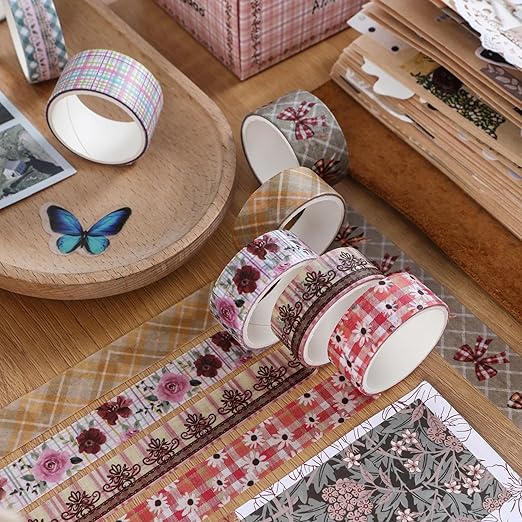 10 Rolls Vintage Floral Washi Tape Set Pastel Plaid Arts Adhesive Tapes Soft Colors Decorative Masking Tape Sets for Craft, Kids, Scrapbook, DIY, Gift Wrapping (Rose Plaid)