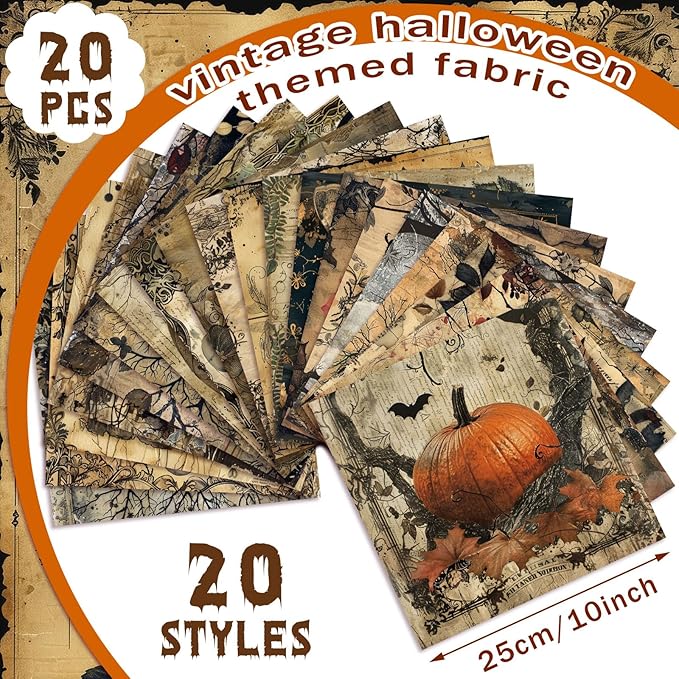 HunnmingRe 20 Pcs 10''x10'' Halloween Quilting Fabric Square Skeleton Butterfly Rose Heart Quiltted Fabric Bundle Black Precuts Printed Patchwork Supplies for Holiday DIY Sewing Craft