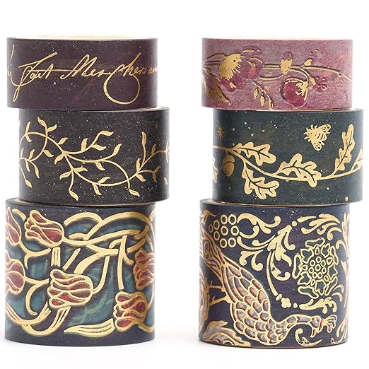 YUBX Vintage Washi Tape Set 6 Rolls Wide Retro Decorative Gold Foil Antique Patterns Masking Tapes for Arts, DIY Crafts, Journals, Planners, Scrapbook, Wrapping