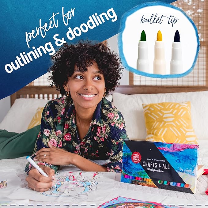 Crafts 4 All Fabric Pens for Clothes - Pack of 24 No Fade, Fabric Markers Permanent for Textile - No Bleed, Machine Washable Shoe Markers for Fabric Decorating - Laundry Marker, Erases Stains Easily