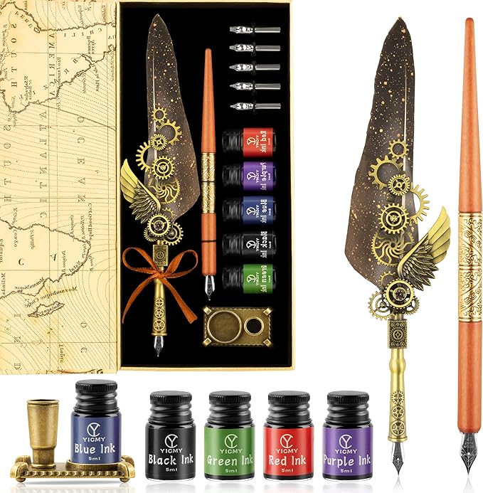 Quill Pen and Ink Set, Calligraphy set - feather quill pen, Wooden Dip Pen, 5 Color Ink, 5 Replaceable Nibs, Pen Holder,Vintage Calligraphy Pens for Beginners and Calligraphy Lovers (Grey)