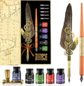 Quill Pen and Ink Set, Calligraphy set - feather quill pen, Wooden Dip Pen, 5 Color Ink, 5 Replaceable Nibs, Pen Holder,Vintage Calligraphy Pens for Beginners and Calligraphy Lovers (Grey)