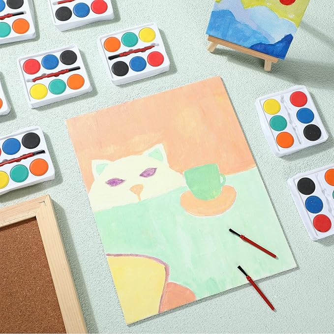 Outus 144 Pcs Watercolor Paint Set Bulk Mini Paint Set Washable Watercolor Palette with Painting Brushes for Art Party Supplies Prizes Stocking Stuffers, 3.3 x 2.6 Inch(6 Colors)