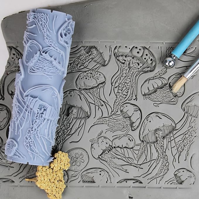 Jellyfish Ballet Clay Texture Roller (4") - Seamless Ocean Set #01 - Embossing Pattern Roller for Polymer & Ceramic Clay, Pottery & Crafts