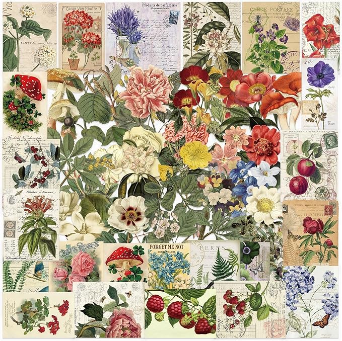 50-Piece Clear Vintage Cottagecore Aesthetic Floral & Plant Scrapbook Stickers - Waterproof Retro Botanical, Wildflower, Postcard Flower Decals for Journals, Art Crafts, Card Decoration