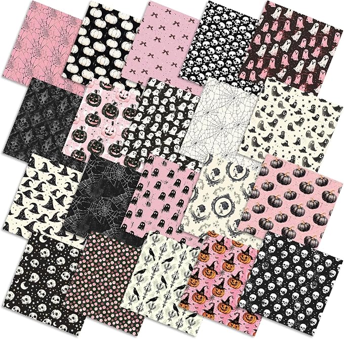 Ganeen 60 Pcs 10 x 10 Inch Pink Gothic Quilting Fabric Squares Spooky Pink Ghost Fat Patchwork Precut Strips Retro Pumpkin Skull Fabric Bundles for Christmas Halloween DIY Craft Sewing Quilt Material