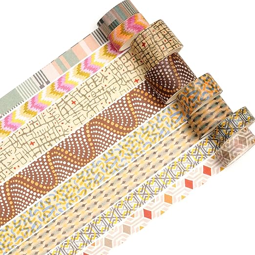 8 Rolls Retro Washi Tape Set Vintage Arts Adhesive Tapes Wide Painting Patterned Decorative Masking Tape Sets for Craft, Kids, Scrapbook, DIY, Gift Wrapping (Geometric Aesthetics)