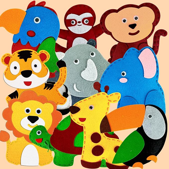 QUOKKA Kids Crafts Ages 4-8, DIY Beginner Needle and Thread Kit - 12 Wild Animals Sewing Kit Basic - Fun Arts Crafts for Kids Ages 6-8 Girls Boys - Plastic Needles, Scissors - 6+ Year Old Girl Gifts