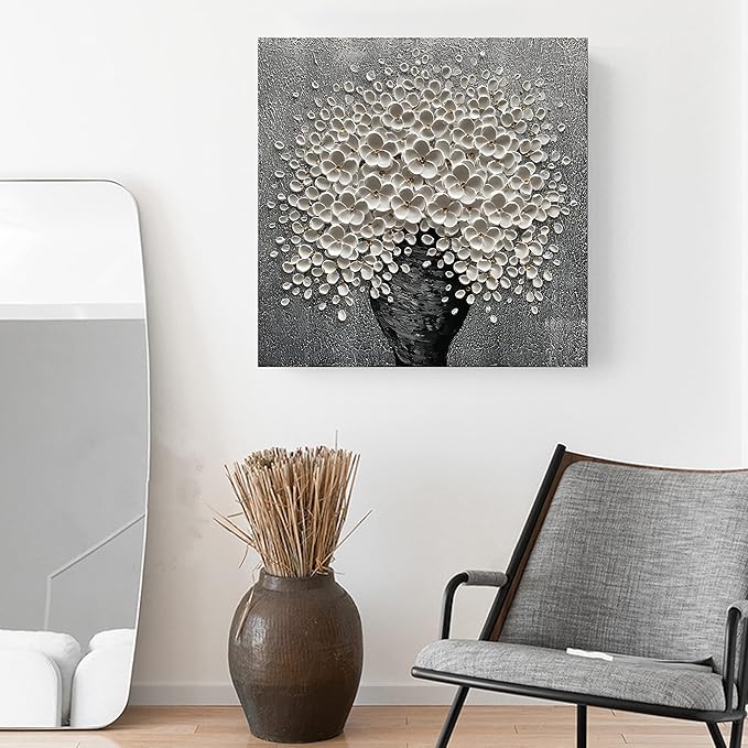 100% Hand-Painted White Flower Art Oil Painting, Modern Home Furnishing Canvas Painting Decoration, 3D Abstract Mural Painting,24x24 inch Frame Wall Art Hanging