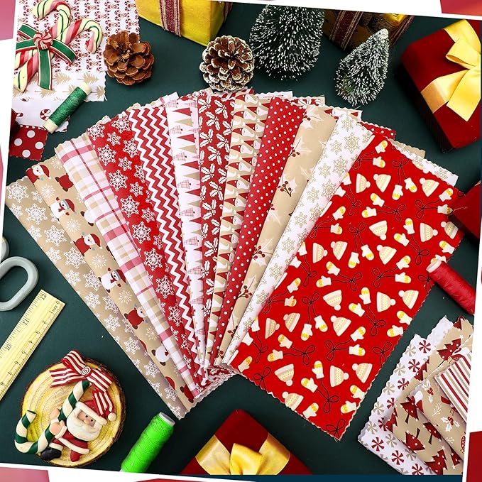 Oudain 60 Pcs 10 x 10 Inch Hot Cocoa Christmas Quilting Fabric Vintage Christmas Fat Squares Patchwork Precut Strips Santa Snowflake Candy Cane Fabric Bundles for Xmas DIY Craft Sewing