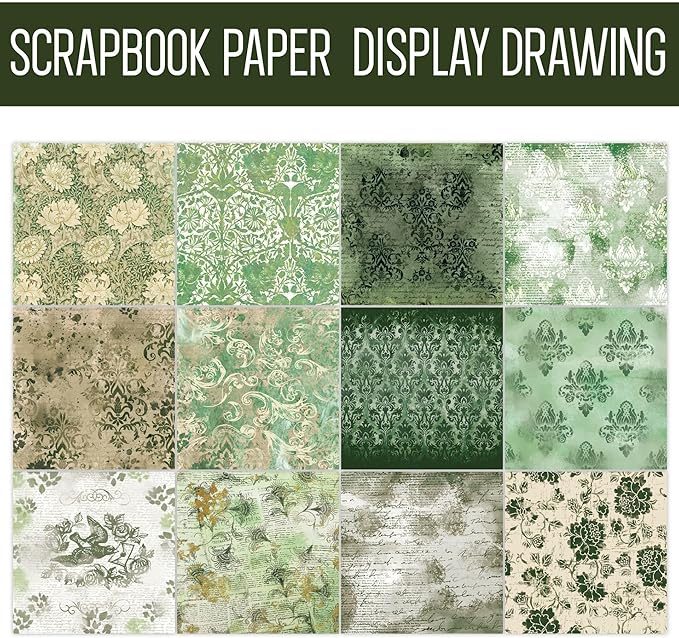 Vintage Green Scrapbook Paper - 12 Sheets Single-Sided Decorative Craft Paper for DIY Journals, Card Making, Collage, Mixed Media, Scrapbooking Supplies - 6x6 Inch