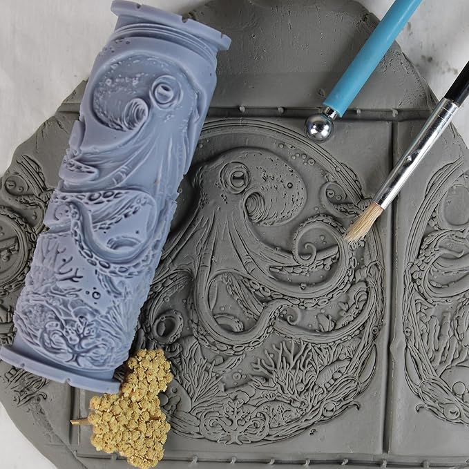 Octopus Clay Texture Roller (4") - Ocean Set #01 - Embossing Pattern Roller for Polymer & Ceramic Clay, Pottery & Crafts