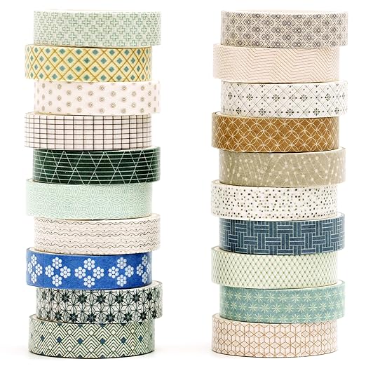 YUBX Simple Geometric Washi Tape Set 20 Rolls Minimal Patterns Decorative Thin Masking Tapes for Arts, DIY Crafts, Journals, Planners, Scrapbook, Wrapping (1 Misty Blue)