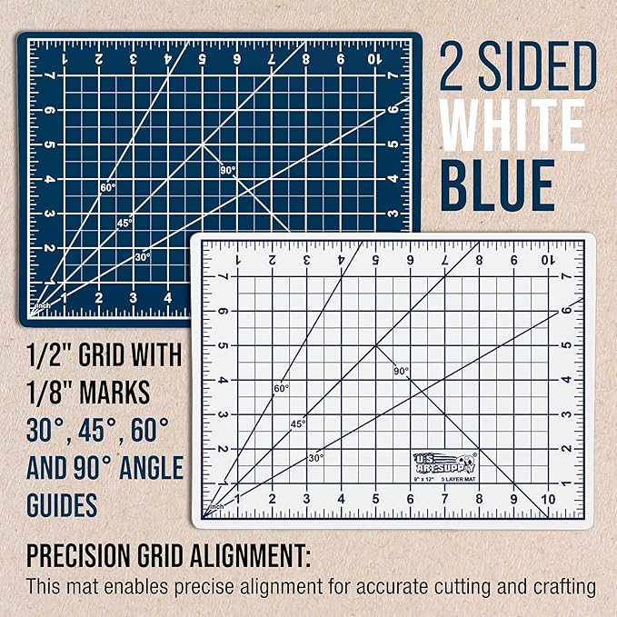 U.S. Art Supply 9" x 12" Self-Healing Cutting Mat 5-Ply (2 Pack) - Double-Sided White/Blue Craft Mat, Non-Slip Cutting Mats for Crafts, Sewing, Quilting, Scrapbooking