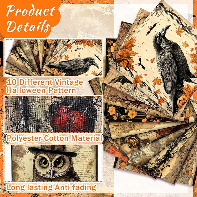 Hahafelt 10 Pcs 20 x 20 Inch Gothic Quilting Fabric Bundles Gothic Skull Owl Ghost Themed Square Fabric by The Yard Scary Horror Patchwork Precuts Supplies for DIY Sewing Crafting Supplies