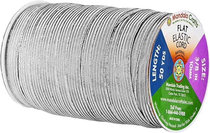 Mandala Crafts 10mm 50 Yds Roll of Metallic Silver Elastic Bands for Sewing - 3/8 Flat Elastics Cord - 3 8 Inch Braided Stretch Straps for Crafting