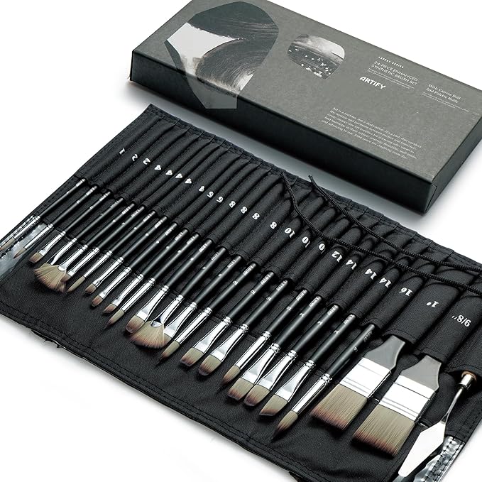 ARTIFY 25 Pieces Professional Paint Brush Set – Expert Series Synthetic Nylon Brushes for Acrylic, Oil, Watercolor, Gouache – No Shedding, Canvas Roll Case & Palette Knife, Artist Gifts Art Supplies
