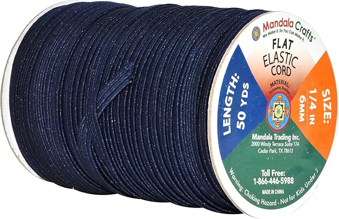 Mandala Crafts 6mm 50 Yds Roll of Navy Blue Elastic Bands for Sewing - 1/4 Flat Elastics Cord - 1 4 Inch Braided Stretch Straps for Crafting