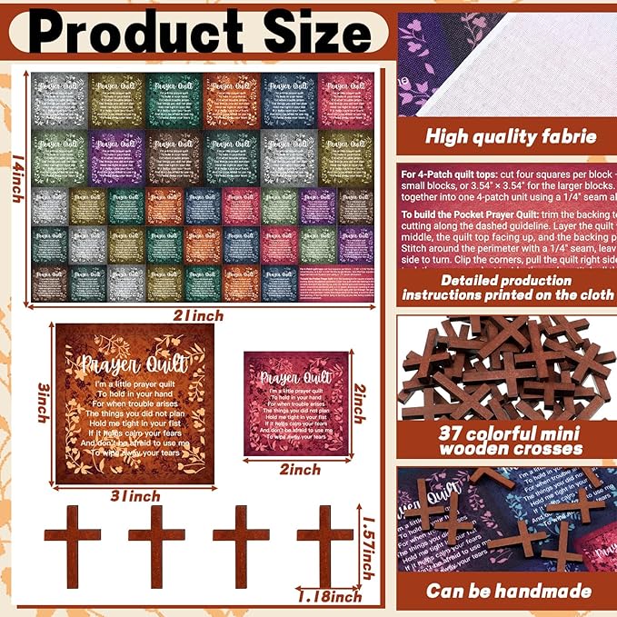 Pocket Prayer Quilt Panel Squares with Small Wooden Crosses Mini Scripture Pocket Prayer Quilt for Friend Family Religious Spiritual Gift Easter Reward Gift(Retro,Brown)