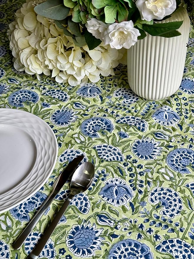 ATOSII Amara 100% Cotton Round Summer Tablecloth, Handblock Print Floral Table Cloth for Kitchen Dining Linen I Parties, Weddings, Outdoors I Grand Millennial Farmhouse Home Decor 72" Inches Round