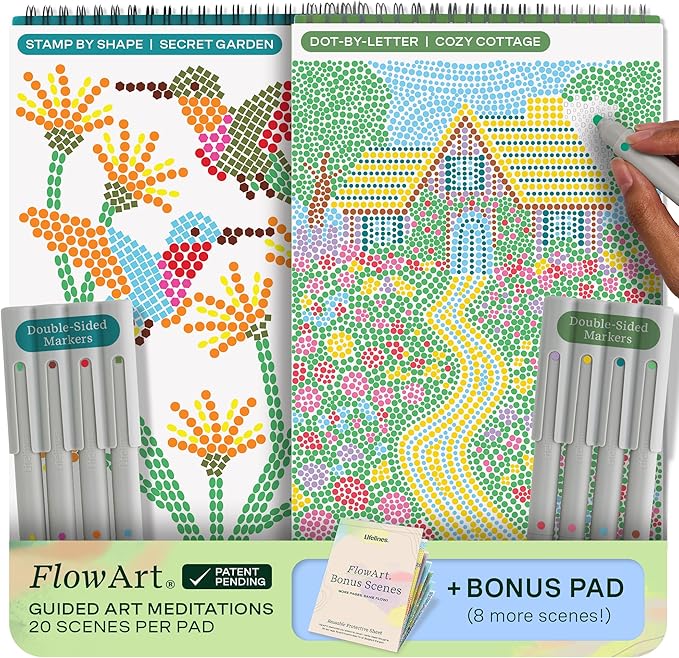 Lifelines FlowArt Activity Pad, 2-Pack & Bonus Pad - Guided Dot Art Meditations with Markers - Dot-by-Letter & Stamp-by-Shape Coloring Books for Tweens, Adults & Seniors