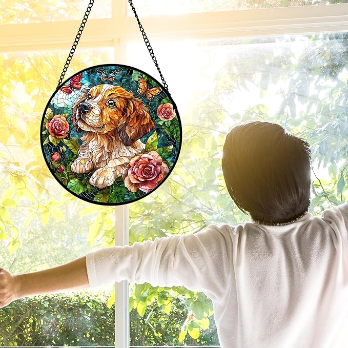 Stained Glass Window Hanging, Dog and Rose Suncatcher for Doors Home Butterfly Sun Catchers Decoration and Christmas, Mother's Day Birthday Gifts for Women, Men, and Mom 7.8 in