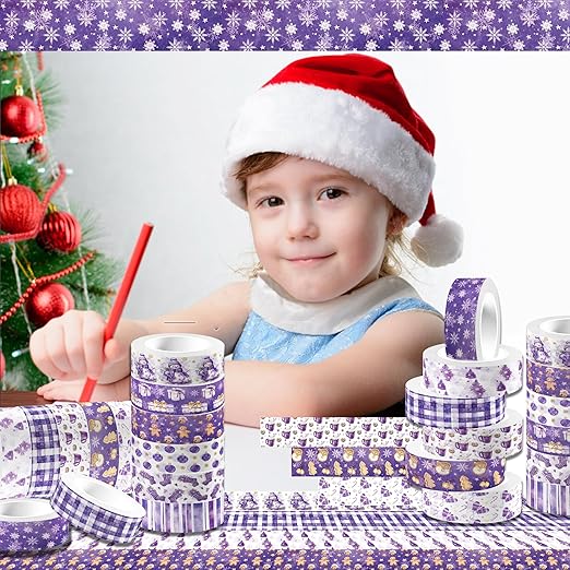 12 Rolls Purple Christmas Washi Tape Decorative Tape,Gingerbread Man Snowflake Christmas Tree Snowman Pattern for DIY Art Craft Gift Wrapping Scrapbook Journal Party Supplies Xmas Supplies