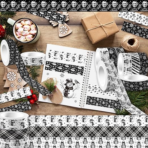 12 Pcs Black Christmas Washi Tape Watercolor Xmas Pattern Masking Tape Decorations Christmas Eve Decorative Paper Sticker for Vintage Journals, Planners, DIY Craft Gift Wrapping