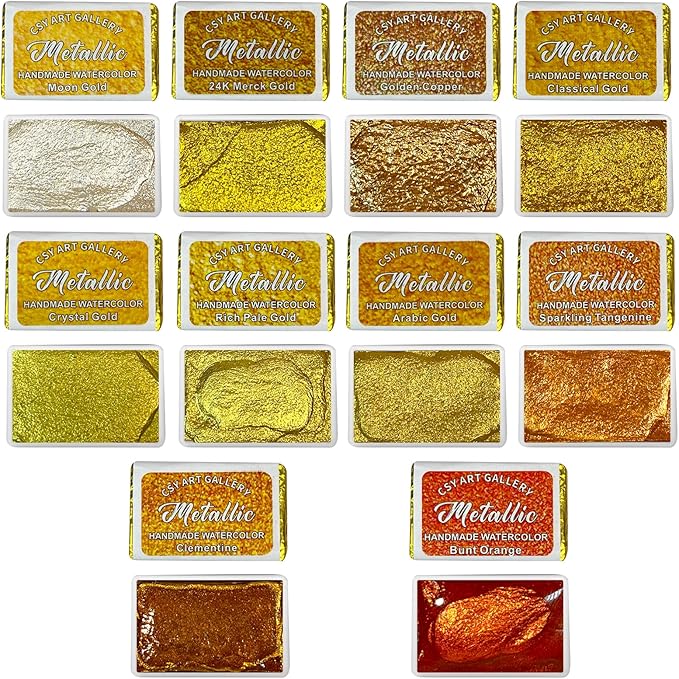 CSY art gallery Gold Handmade Mica Watercolor Paint Set in Tin Case Metallic Full Pans Water Color Sparkly, Shimmer, Glitter for Artists in Hand Lettering, Junk Journaling, Painting(Set 1)