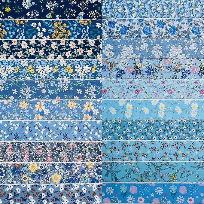 LUMANSUO Jelly Roll Fabric Strips 40PCS (2.5 x 44 Inch)- 20 Assorted Floral Prints, 100% Cotton, Precut Fabrics for Needlecraft and Quilting Sewing， Blue Moonlight