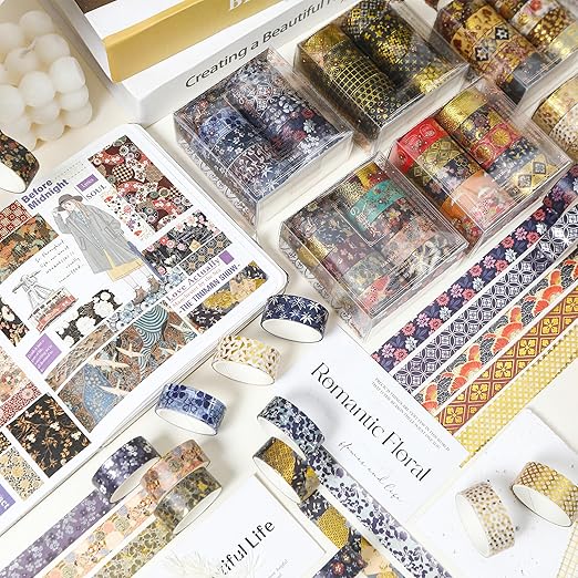 10 Rolls Sakura Washi Tape Set Japanese Arts Adhesive Tapes Gold Silver Foil Decorative Masking Tape Sets for Craft, Kids, Scrapbook, DIY, Gift Wrapping (Sakura Nightfall)