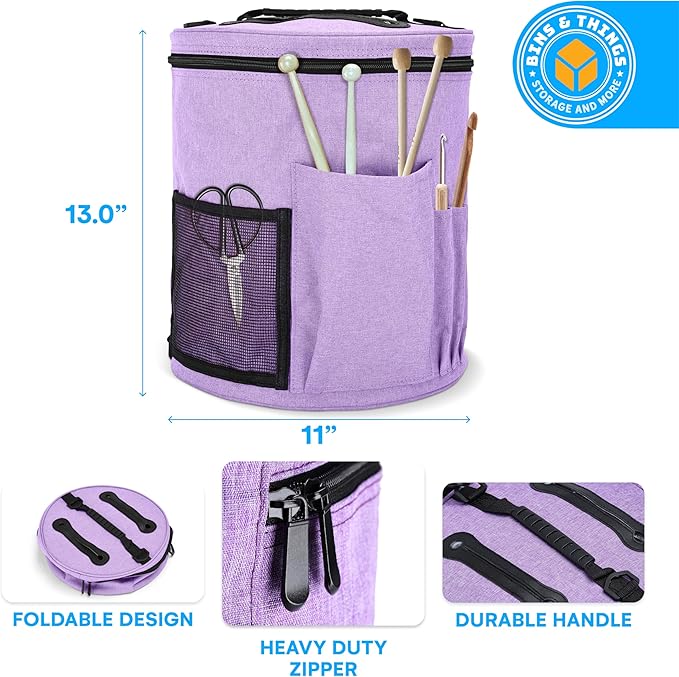 Bins & Things Knitting Bag – Large Crochet Yarn Storage Organizer with 2 External Pockets – Durable Natural Fabric Tote for Knitting Needles, Hooks, Accessories – Purple Craft Bag
