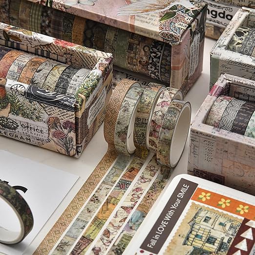 20 Rolls Skinny Vintage Washi Tape Set Retro Arts Adhesive Tapes Basic Patterns Decorative Masking Tape Sets for Craft, Kids, Scrapbook, DIY, Gift Wrapping (Elegance in Time)