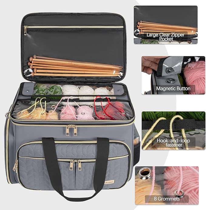 Large Knitting Bag Yarn Storage Organizer,Portable Crochet Tote Bag,Yarn Bags for Crocheting On The Go for Knitting Needles, Crochet Hooks, Knitting Accessories, Unfinished Project