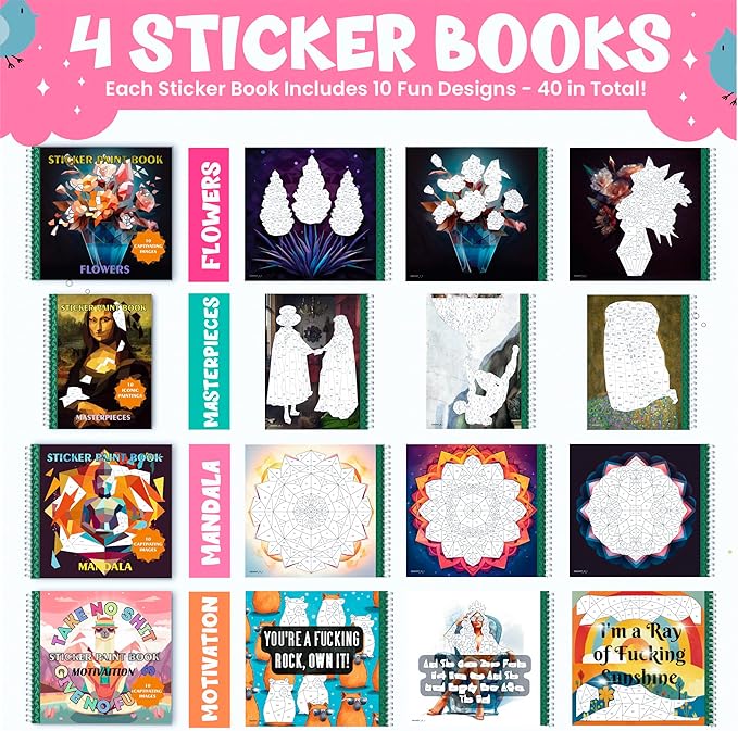 BulbaCraft 4Pcs Sticker Paint Books for Adults - Sticker Books by Number - Coloring Activity for Adults