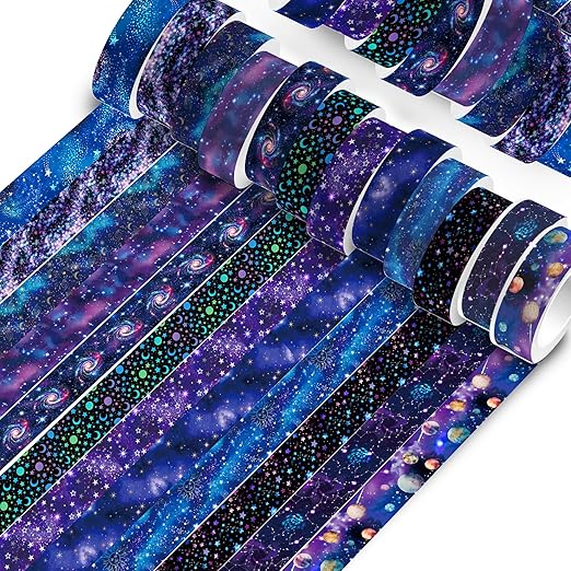 12 Pcs Starry Sky Washi Tape Set Starry Sky Galaxy Washi Tapes Space Themed Patterned Masking Tape Sets Starry Sky Decorative Paper Sticker for Scrapbook DIY Craft Gift Wrapping Handbook Sticker