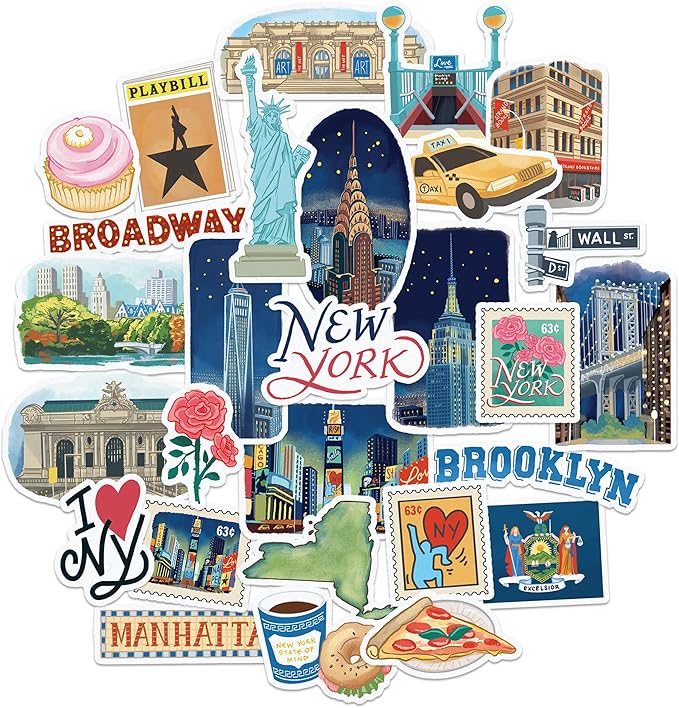 Navy Peony Iconic New York City Travel Stickers (28pcs) – New Yorker Decals for Scrapbooks, Journals