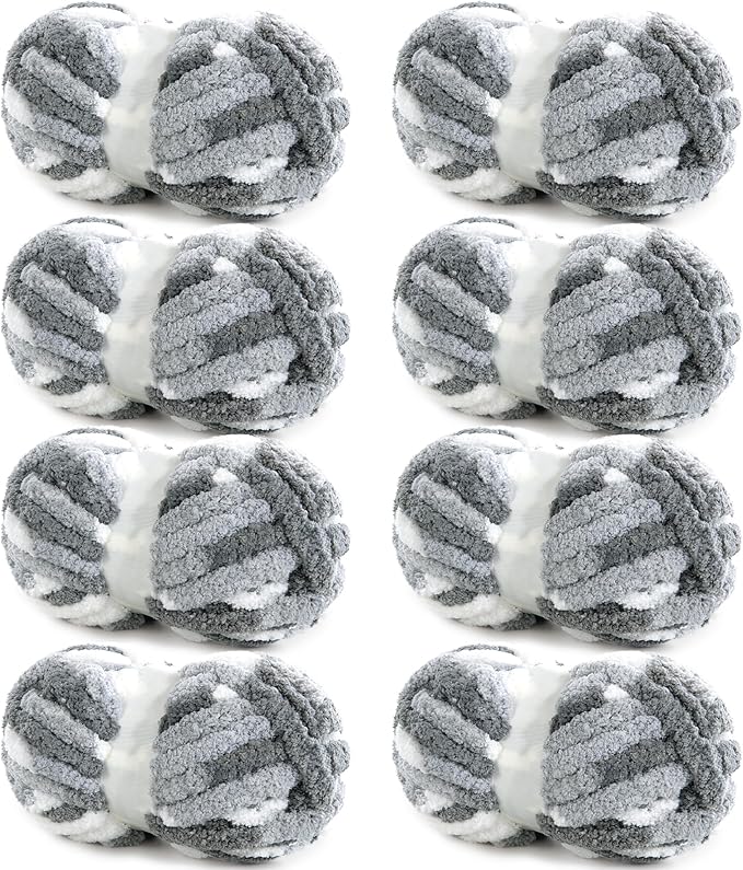 HOMBYS 8 Pack Giant Chunky Yarn for Crocheting and Hand Knitting/Arm Knitting - Super Bulky Large Soft Fluffy Tie Dye Plush Fuzzy Mixed Color Thick Chenille Yarn (Dark Grey, Grey, White)