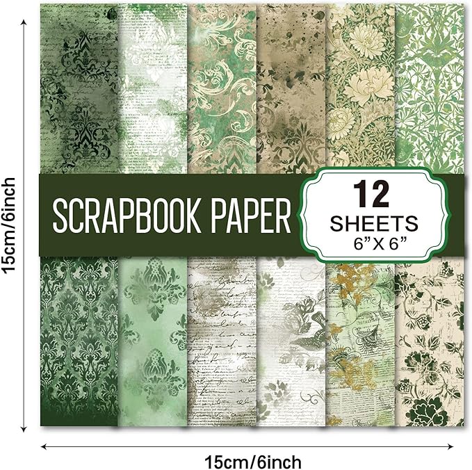 Vintage Green Scrapbook Paper - 12 Sheets Single-Sided Decorative Craft Paper for DIY Journals, Card Making, Collage, Mixed Media, Scrapbooking Supplies - 6x6 Inch