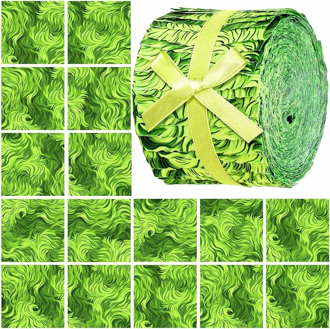 Ganeen 100 Pcs Christmas Lime Green Fur Quilting Fabric Roll 2. 56 Inch Fabric Squares Jelly Patchwork Precut Strips Bundles for Holiday Materials Craft DIY Sewing Cloths
