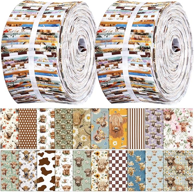 Ganeen 100 Pcs Highland Cow Quilting Fabric Roll 2.56 Inch Fabric Squares Jelly Patchwork Precut Strips Bundles for Holiday Materials Craft DIY Sewing Cloths