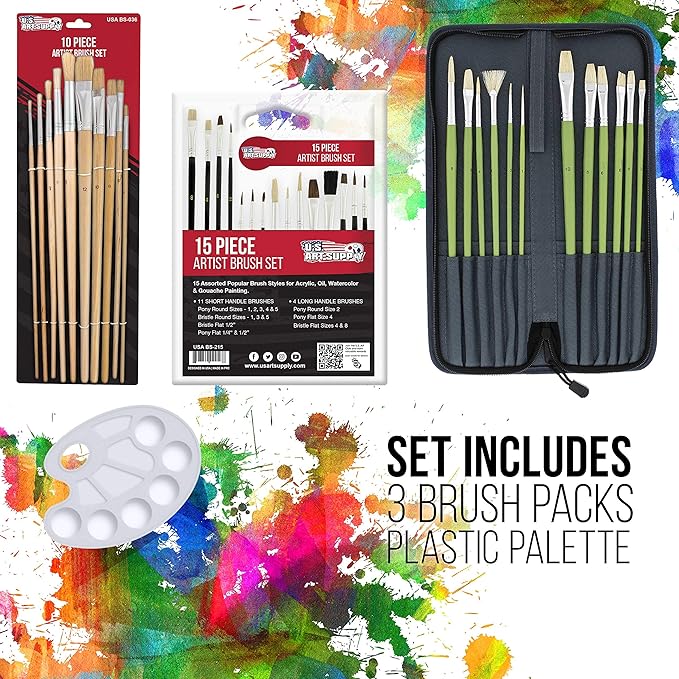 U.S. Art Supply 70-Piece Artist Oil Painting Set with Aluminum Field Easel, Wood Table Easel, 24 Oil Paint Colors, 37 Brushes, 2 Stretched Canvases, 6 Canvas Panels, Painting Pad, Palette & More