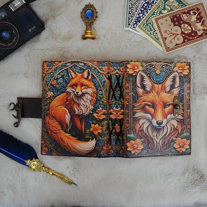 Book of Shadows Fox Print Grimoire Journal Witchcraft Supplies Witch Spell for Men & Women 200 Pages with Lock Clasp Vintage Handmade Deckle Edge Paper, Leather Sketchbook, Gifts